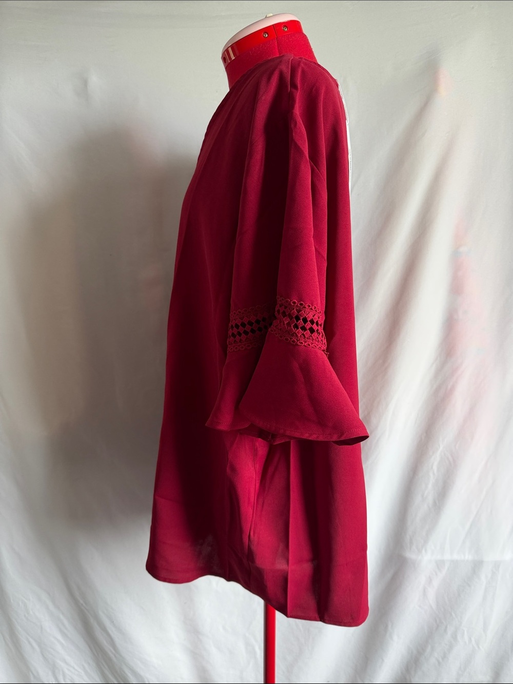 V-Neck Crochet-Sleeve Tunic Top - Deep Berry - Picture 2 of 5